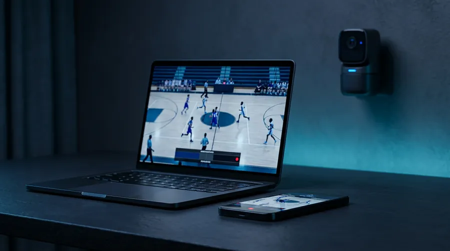 Automated basketball match broadcast on a laptop and phone